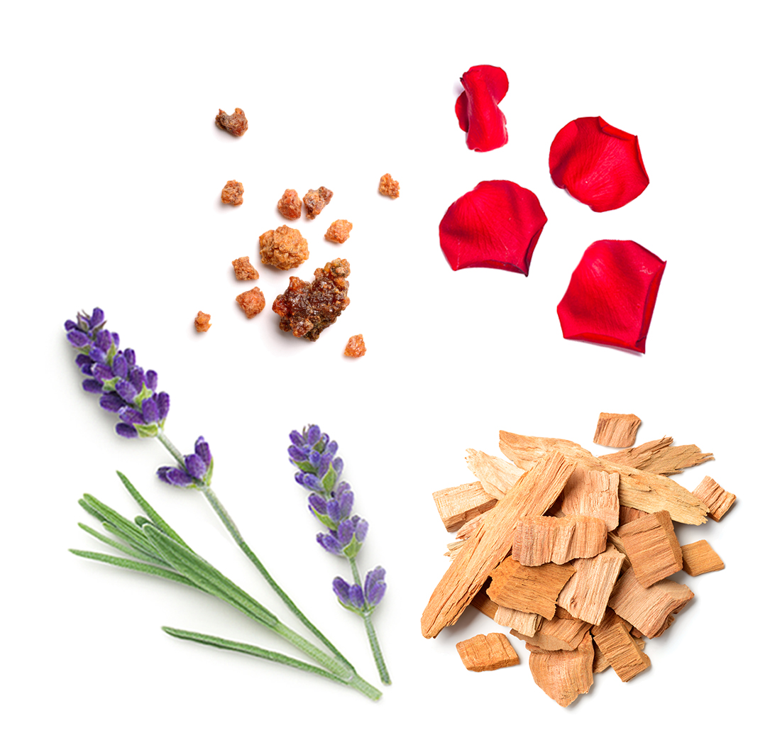 Botanical Images of Lavender, Rose, Frankincense and Hawaiian Sandalwood